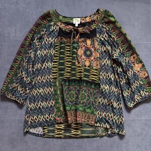 Fig & Flower Ethereal Green Paisley Art Tie Neck Boho Peasant Blouse Large